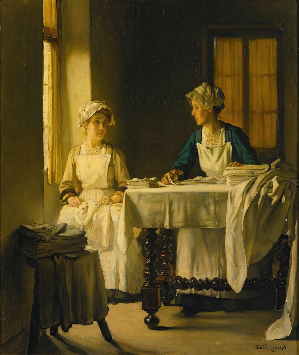 Interior With Two Women Folding Sheets