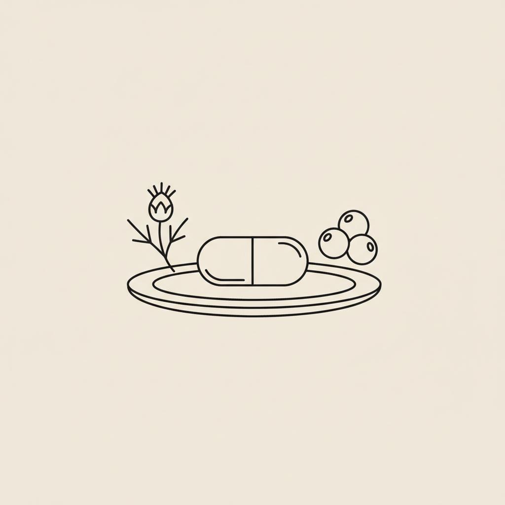 Minimal Tonum-style vector of a capsule on a plate with a milk thistle sprig and berry cluster on a beige #F2E5D5 background — how to lose weight quickly safely