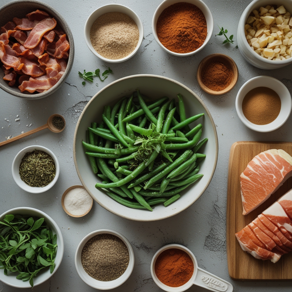 Ingredients for Bacon Loaded Green Bean Casserole – Easy, Creamy & Crispy Comfort Side Dish