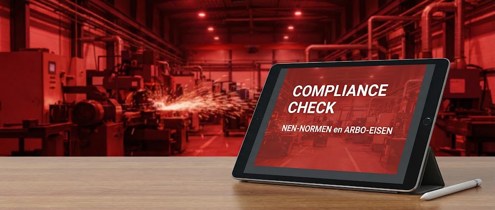Een zakelijke tablet met een compliance checklist voor NEN-normen en Arbo-eisen in de industrie.