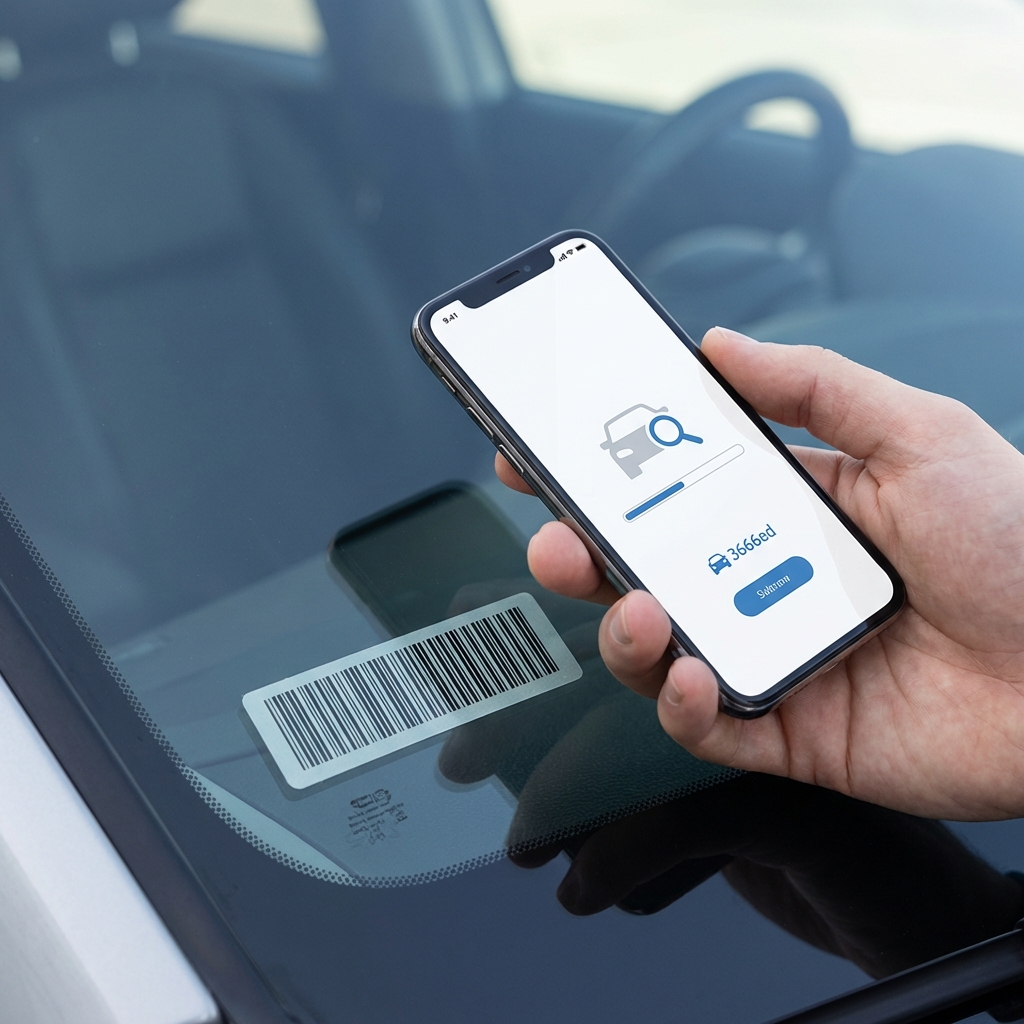 Close up of VIN barcode on Camaro windshield being scanned by smartphone suggesting a vehicle history report camaro for sale near me