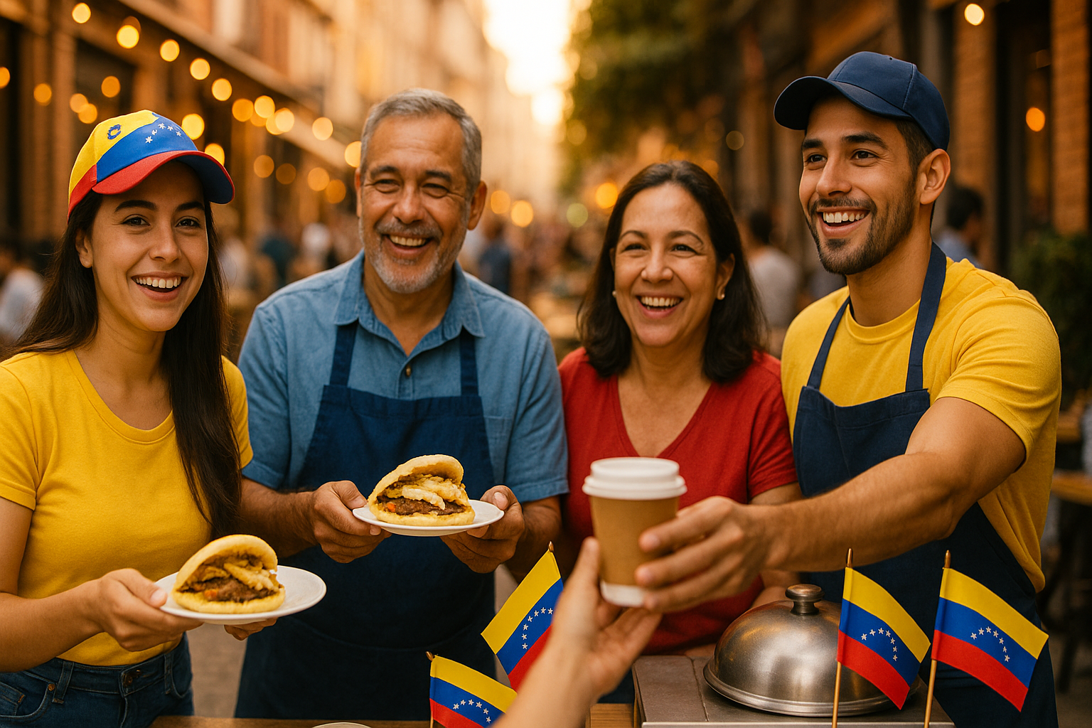 Venezolanos emprendedores atienden una cafetería con arepas en una ciudad del exterior