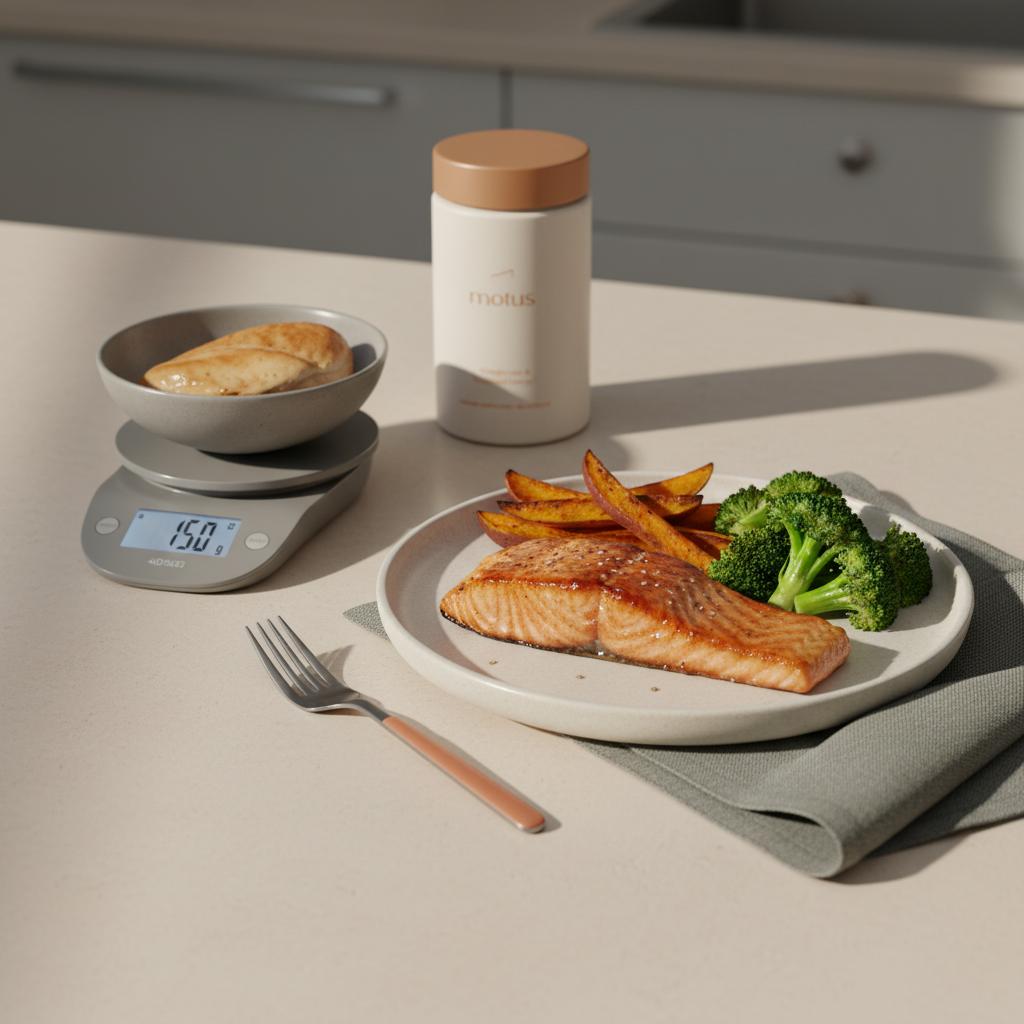 Minimalist kitchen still life with plated salmon, sweet potato wedges, steamed broccoli and 150 g chicken on a scale, Motus container in background for 40/30/30 diet