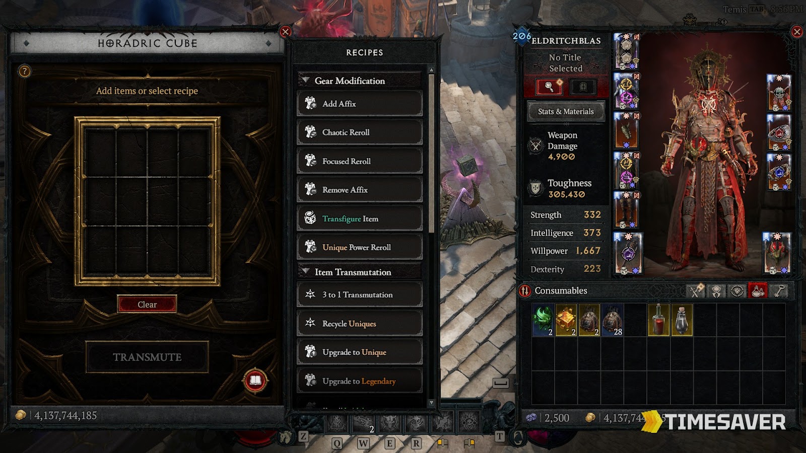 Diablo 4 Horadric Cube recipe screen used to amalgamate Tributes of Armaments into a Mythic Tribute