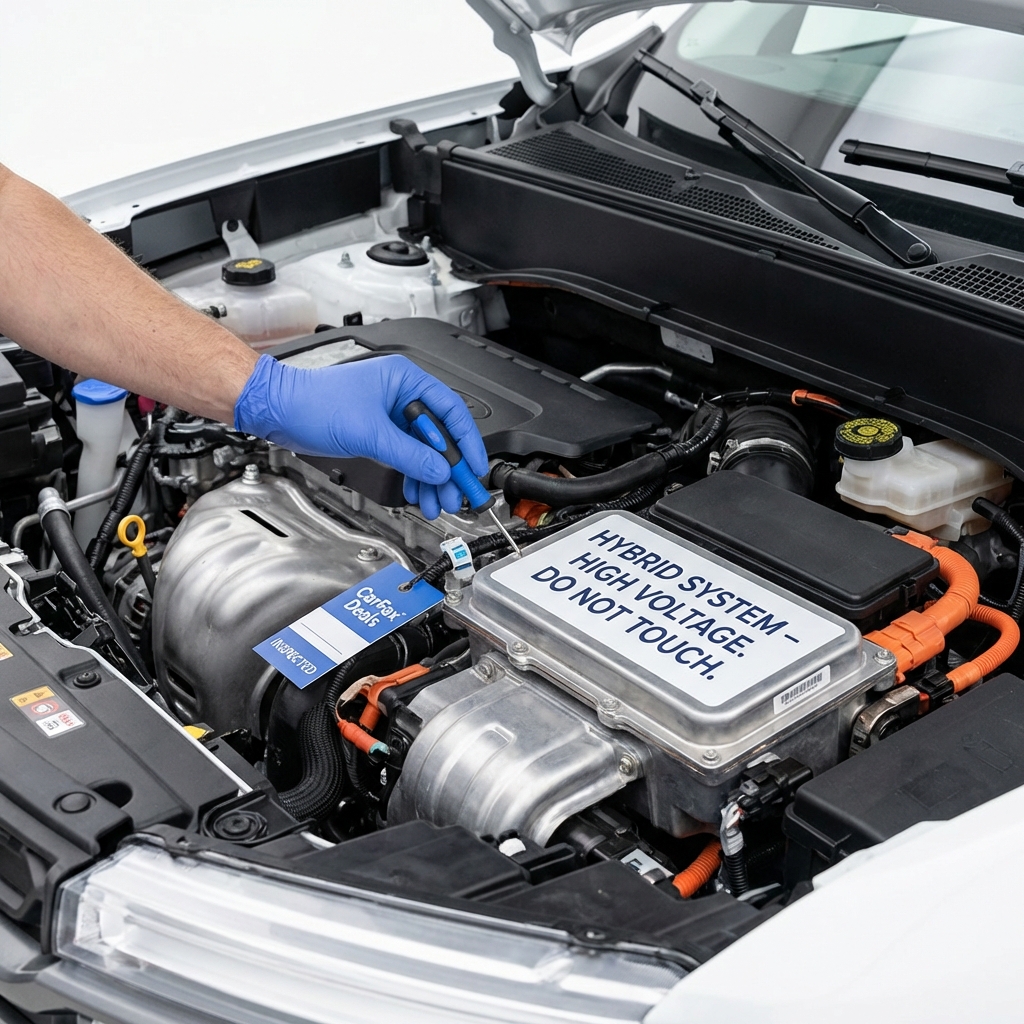 Close up of ford mavericks for sale engine bay showing hybrid system label with mechanic inspecting components on a minimalist white background with blue CarFax Deals accent