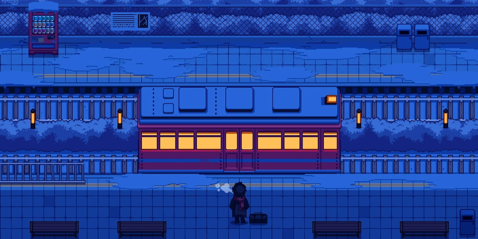 Lonely Traveler At Blue Station - Pixel Art Illustration 4K Wallpaper (5632x2816)