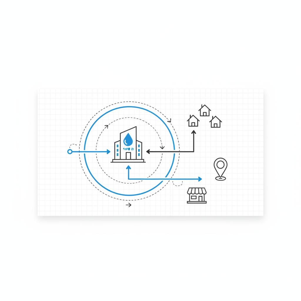 Minimal 2D vector map for how to make a plumbing website showing a central plumbing hub with blue main route to house, shop, and water-drop icons on white background.