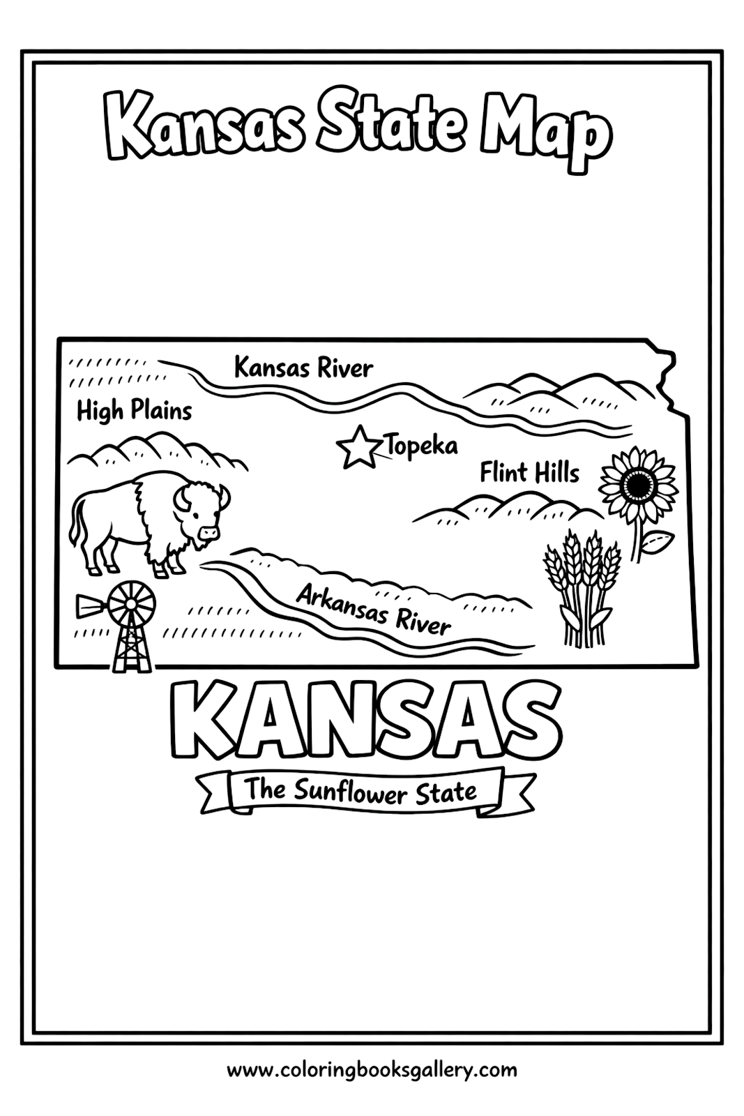 Kansas State Map for Kids – Simple Educational Printable Coloring Page for Kids – printable coloring page
