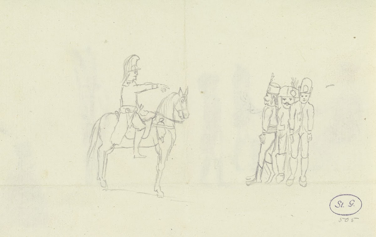 Ein Soldat zu Pferde und drei stehende Soldaten in verschiedenen Uniformen ca 17
