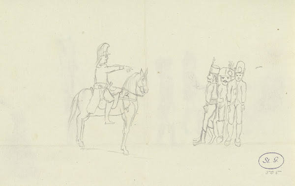 Ein Soldat zu Pferde und drei stehende Soldaten in verschiedenen Uniformen ca 17