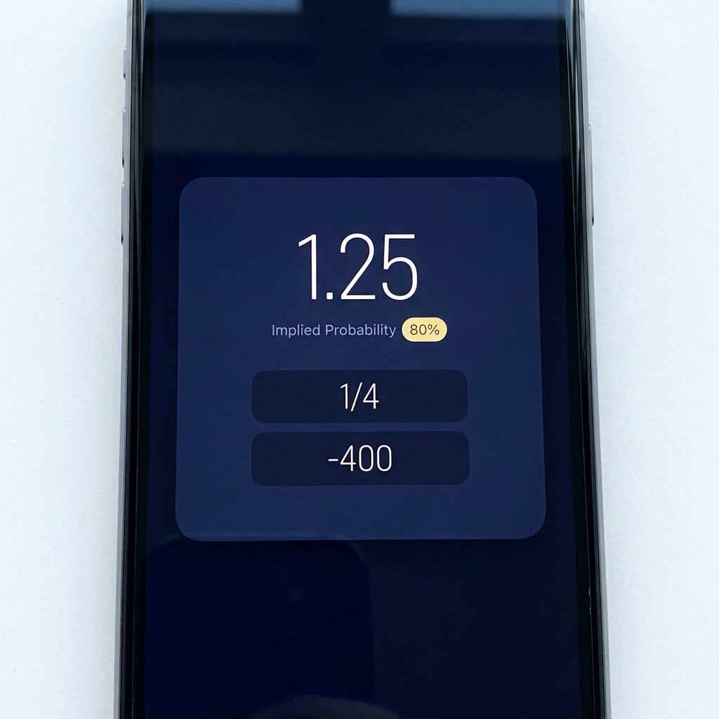 Close up smartphone showing decimal to odds converter app displaying decimal 1.25 implied probability 80 percent fractional 1 over 4 and American negative 400 in Funded Plays brand style