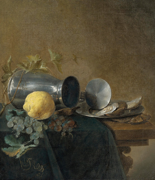 Still Life Of A Pewter Tankard Lemon Oysters And Grapes