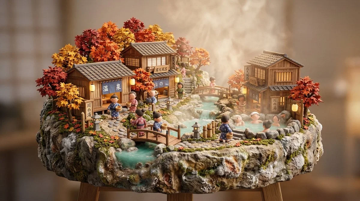 Escena en miniatura 3D, un [JAPANESE ONSEN VILLAGE] con [casas de baños de madera, vapor que emana de manantiales termales naturales,...