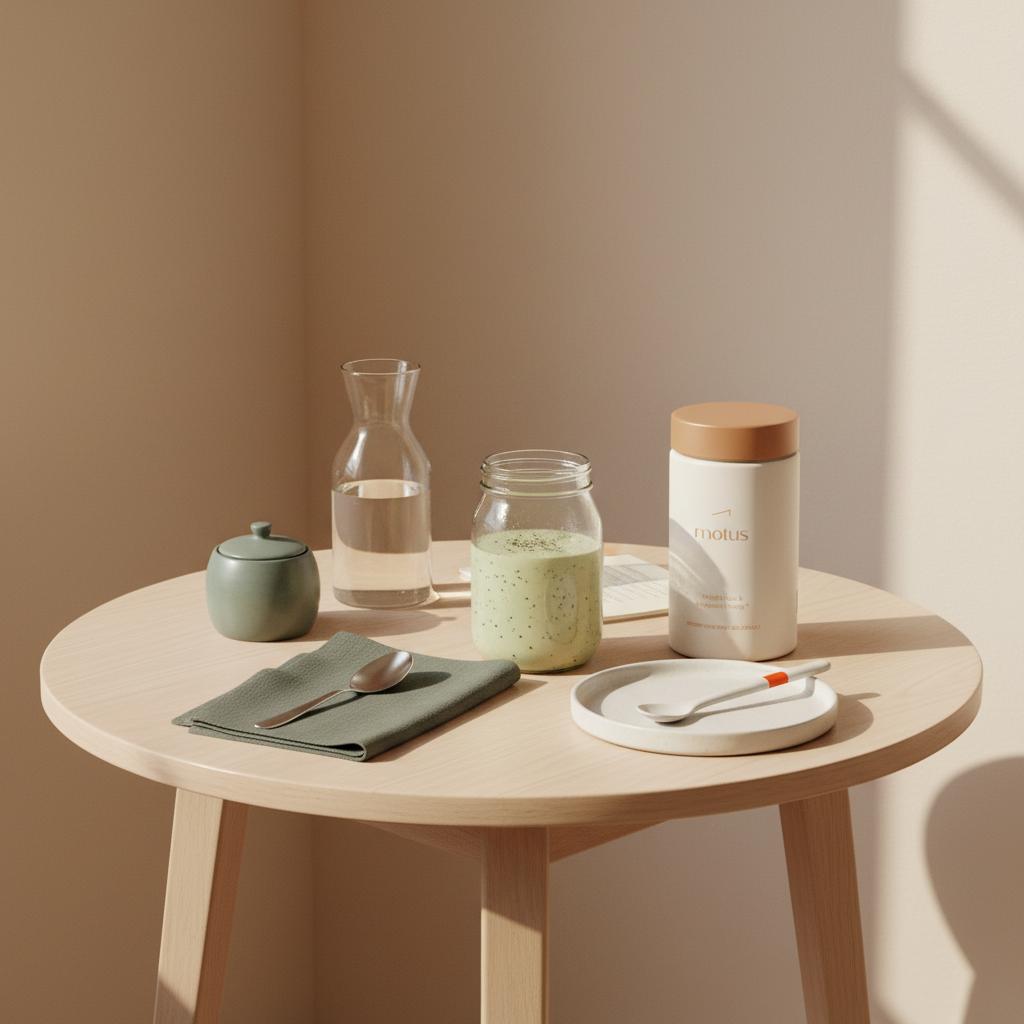 Minimalist breakfast nook with protein smoothie and Tonum Motus container beside it, suggesting a research-backed routine for how to lose belly fat fast