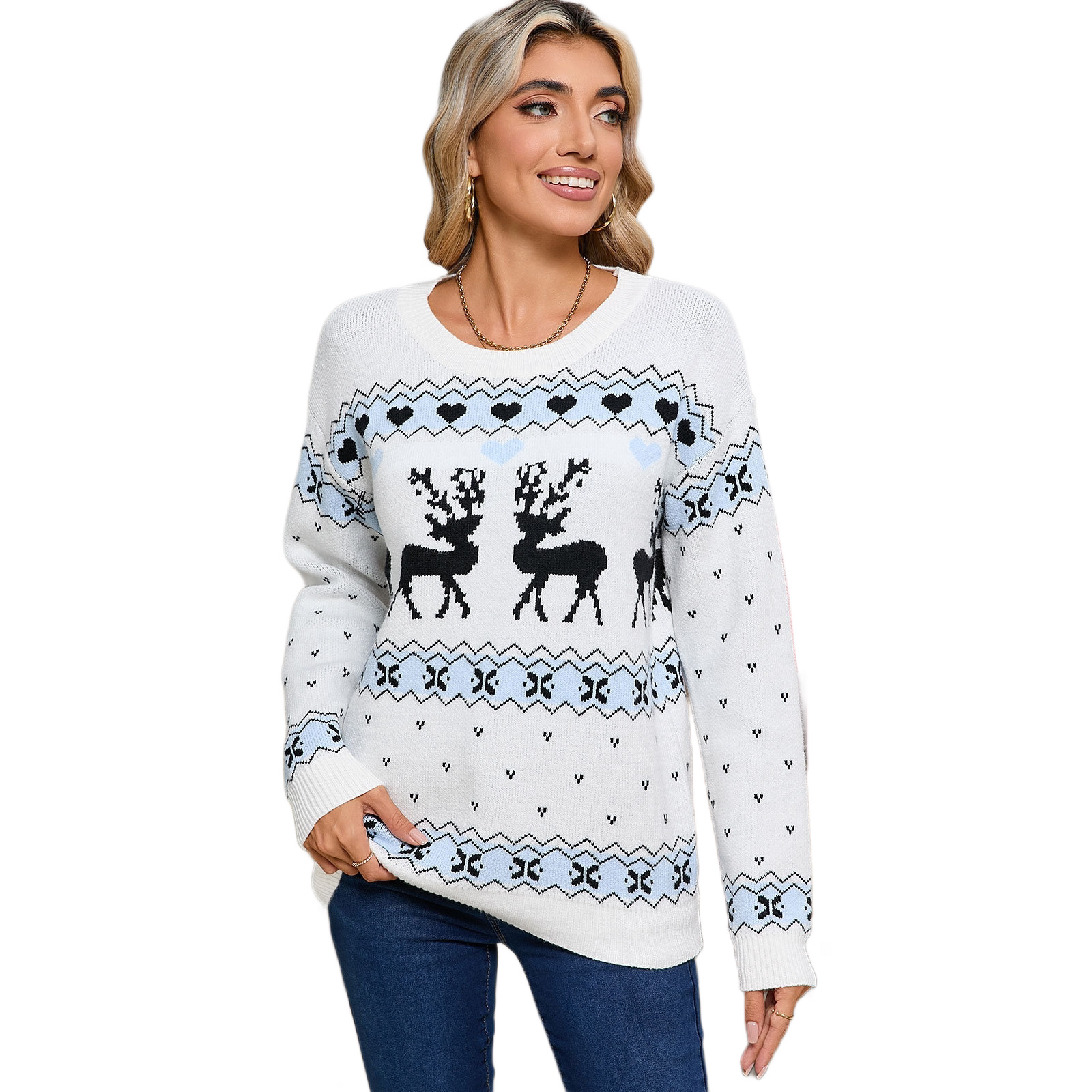 Women's Christmas Sweater with Reindeer Motif