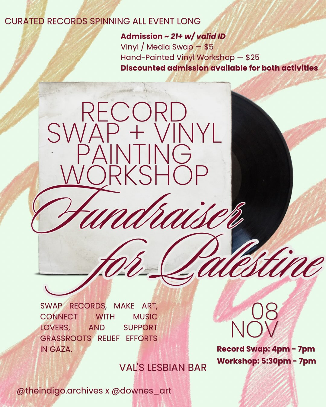 Flyer for Record Swap + Vinyl Painting Workshop: Fundraiser for Palestine