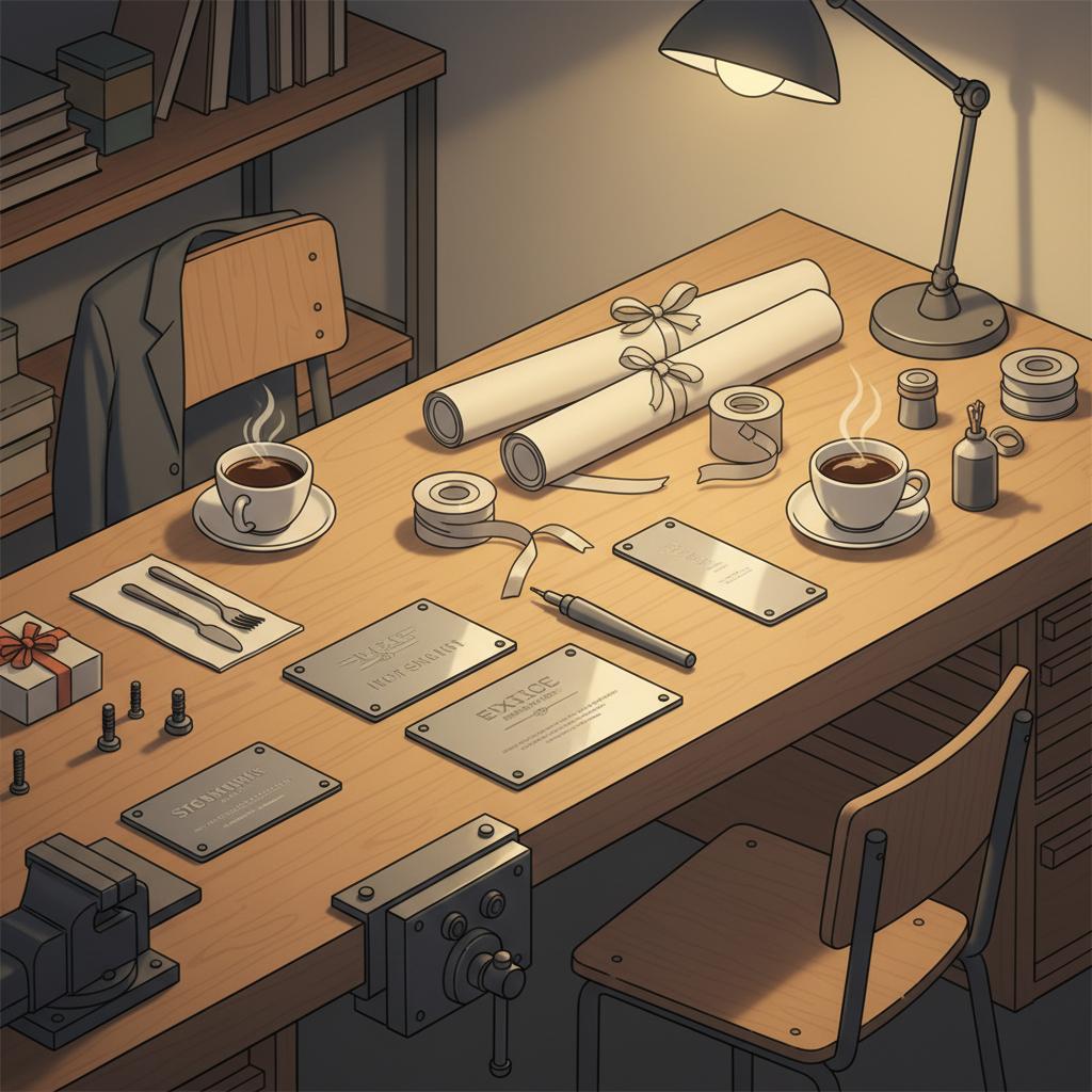 Minimalistisches 2D-Vektorbild einer Werkbank mit gravierbaren Metallplaketten, Gravurstiften, Geschenkpapier und Kaffeetassen im Steelmonks-Stil – geschenkideen führerschein bestanden