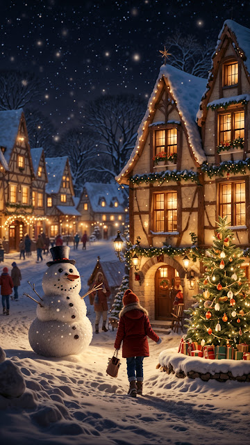 Child Walking Past Snowman in Christmas Village - Free mobile Wallpaper