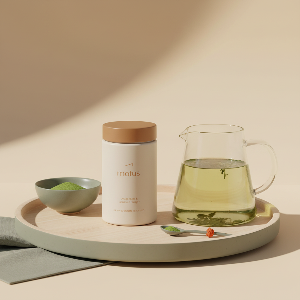 Minimal still-life of Tonum Motus supplement jar on wooden tray with a glass pitcher of green tea and bowl of matcha, illustrating herbal tea for weight loss.