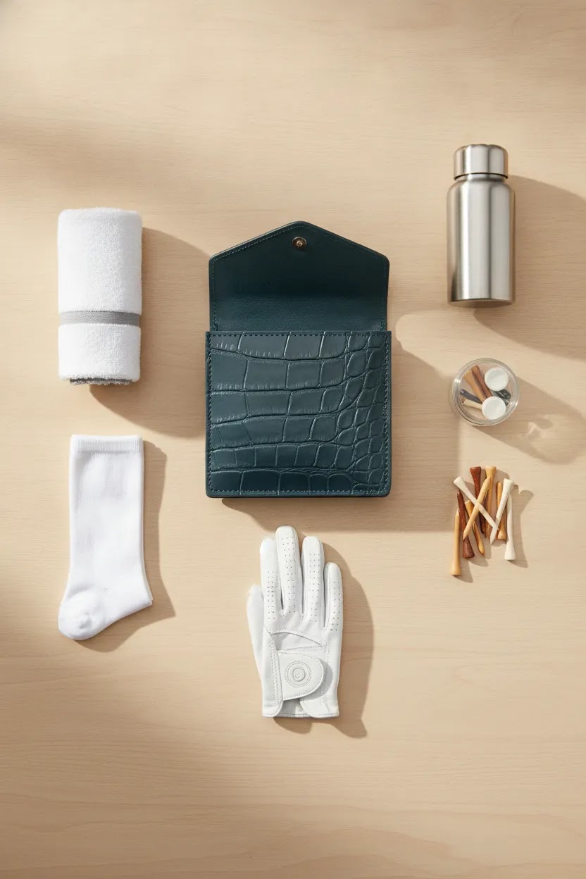 Organized golf accessories for women arranged around a premium leather day bag for everyday use