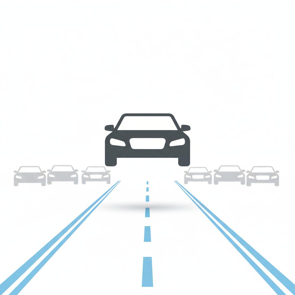 Minimalist 2D vector illustration of an auction lane with a luxury sedan icon sign over simplified blurred rows of cars suggesting wholesale supply porsche panamera for sale