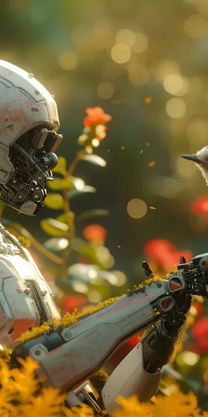 Ai Art, Illustration, Robot, Nature, Birds 5K Wallpaper Background