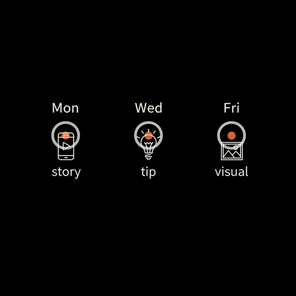 Minimal full-frame infographic showing a weekly content rhythm (Mon/Wed/Fri) for building social presence, black background, light grey elements, soft off-white font and orange accents