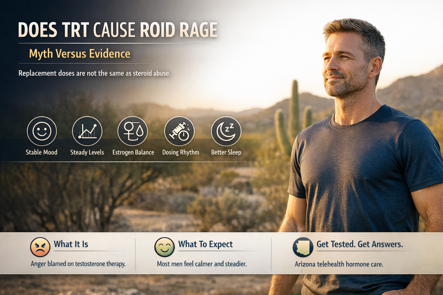 Does TRT Cause Roid Rage? Mood Swings &amp; Anger Explained — AZTRT Arizona TRT clinic blog cover showing a calm, fit man outdoors in a desert park with icons for stable mood, steady levels and doctor-monitored care