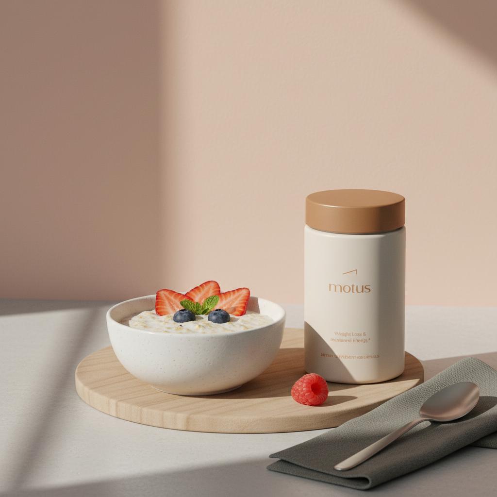 Minimalist kitchen counter with a light bowl of healthy food and Tonum supplement container beside it in soft morning light — what does an inflamed liver feel like