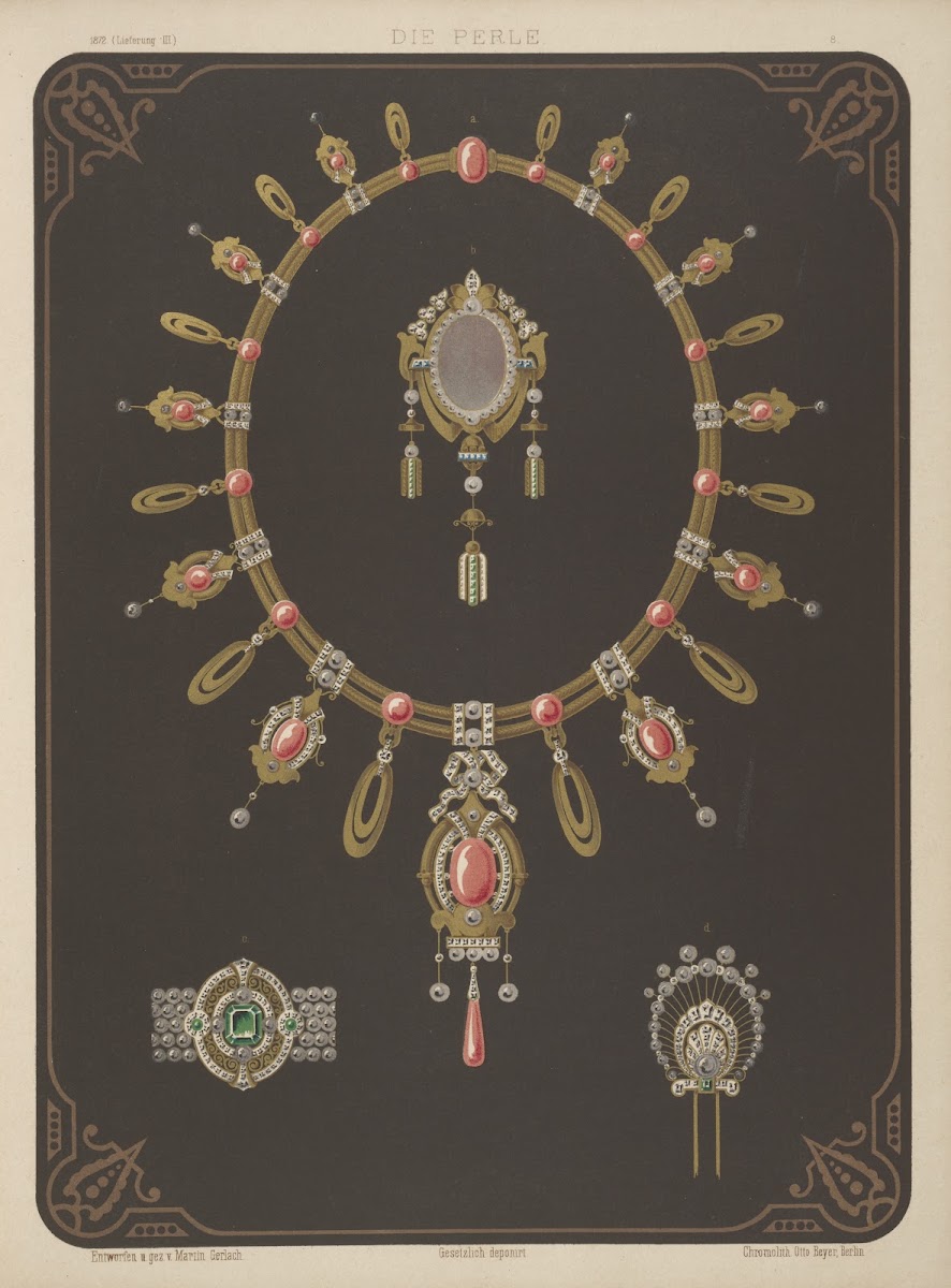 Four Designs For Jewelry Including Large Necklace With Pink Stones 1872   1873