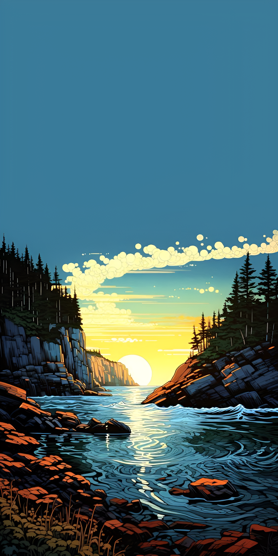 Vibrant Sunset Cove Illustration Pine Forest Cliffs - Free 4K mobile Wallpaper