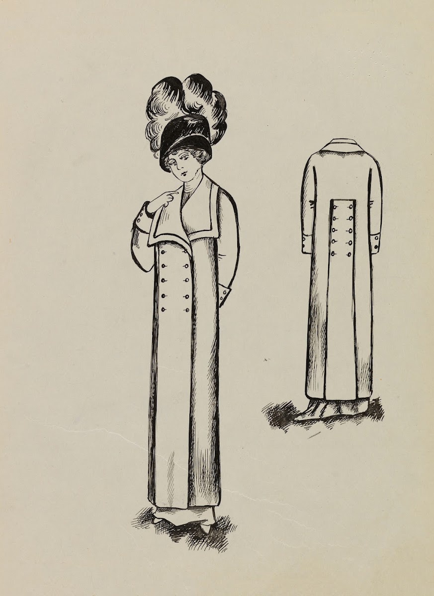 Figure de femme de trois quarts portant un manteau sur une robe longue et un gra