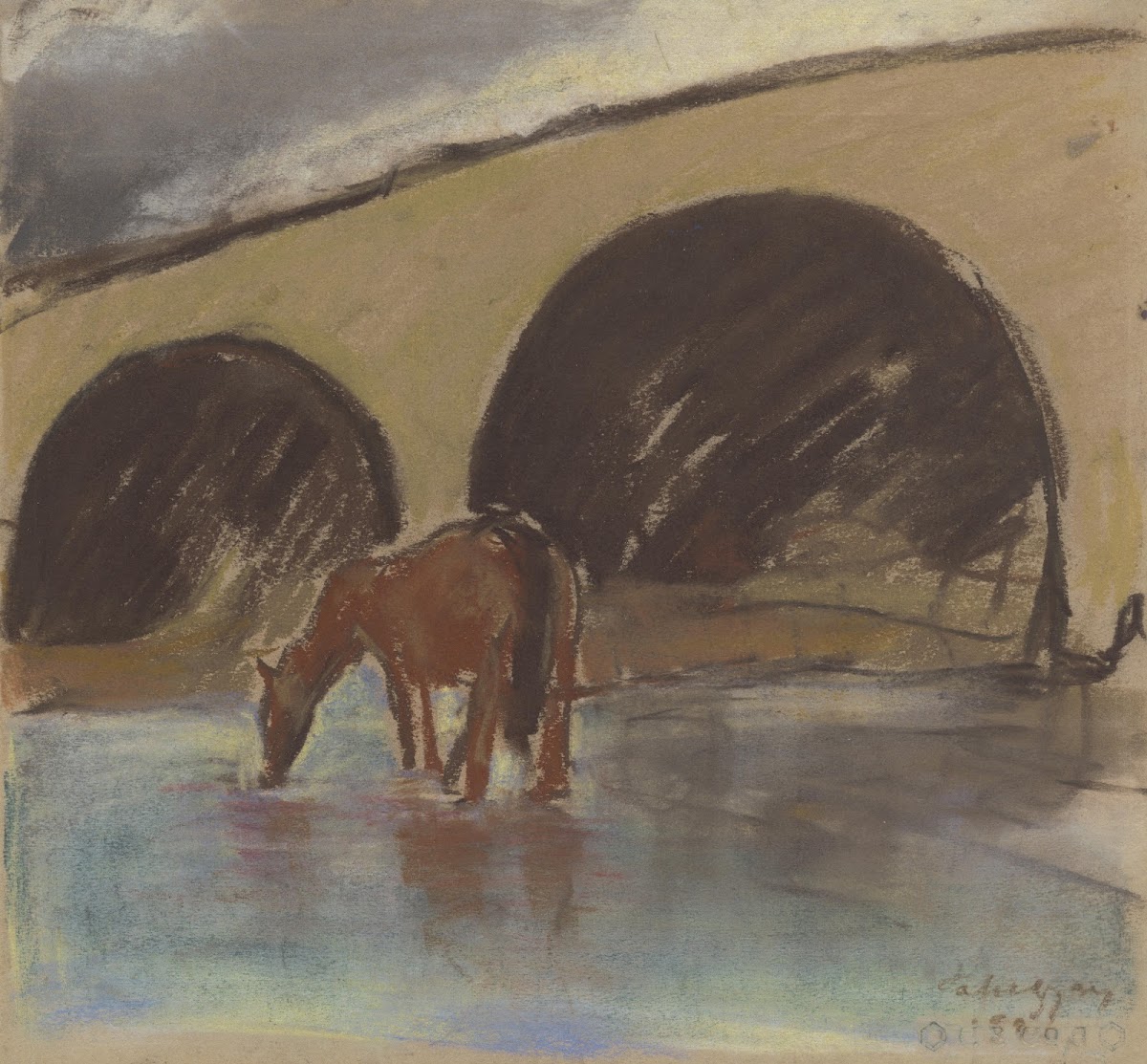 Watering Horse Drinking from a River under an Arch Bridge 1930