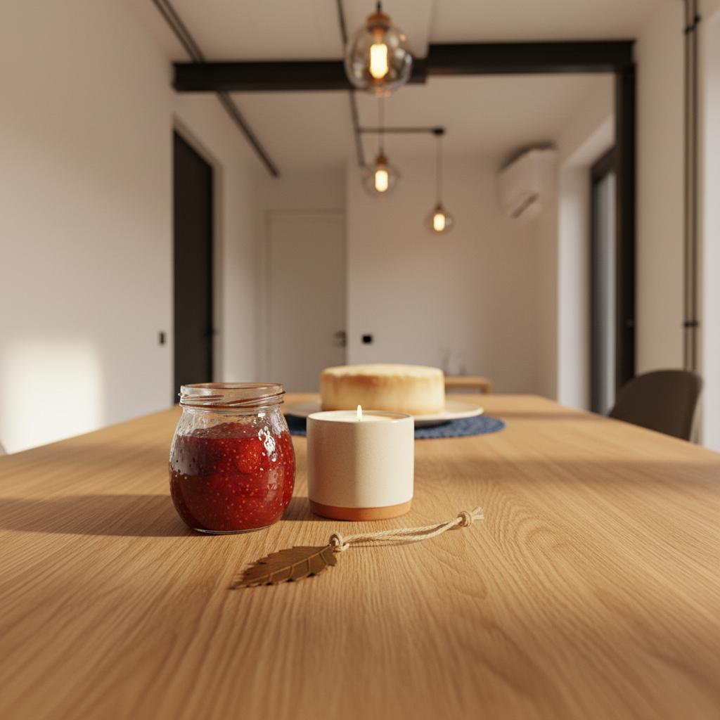 Minimalistischer Esstisch mit kleinen Gastgeschenken (Glasmarmelade, Kerze, Metallanhänger) und einfachem Vanillekuchen im Hintergrund – was soll ich als gastgeschenk mitnehmen
