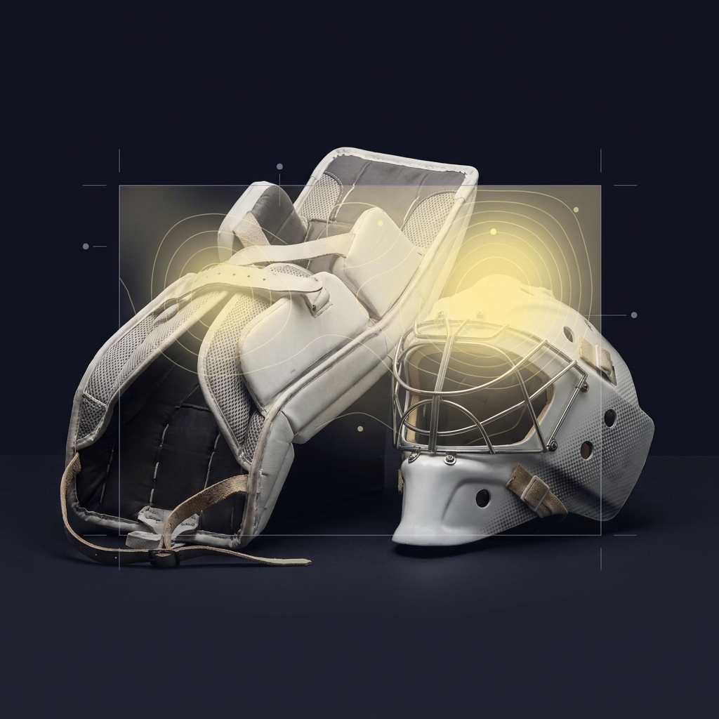 Close up of goalie pads and mask with a semi transparent expected goals heatmap analytics overlay on a dark Funded Plays style background showing vezina trophy odds