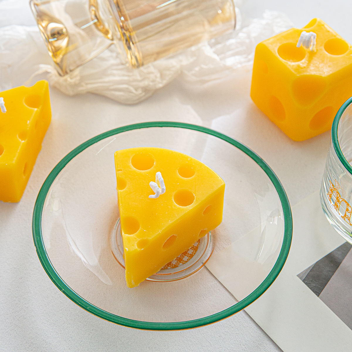 Fragrant candle in cheese shape made of soy wax