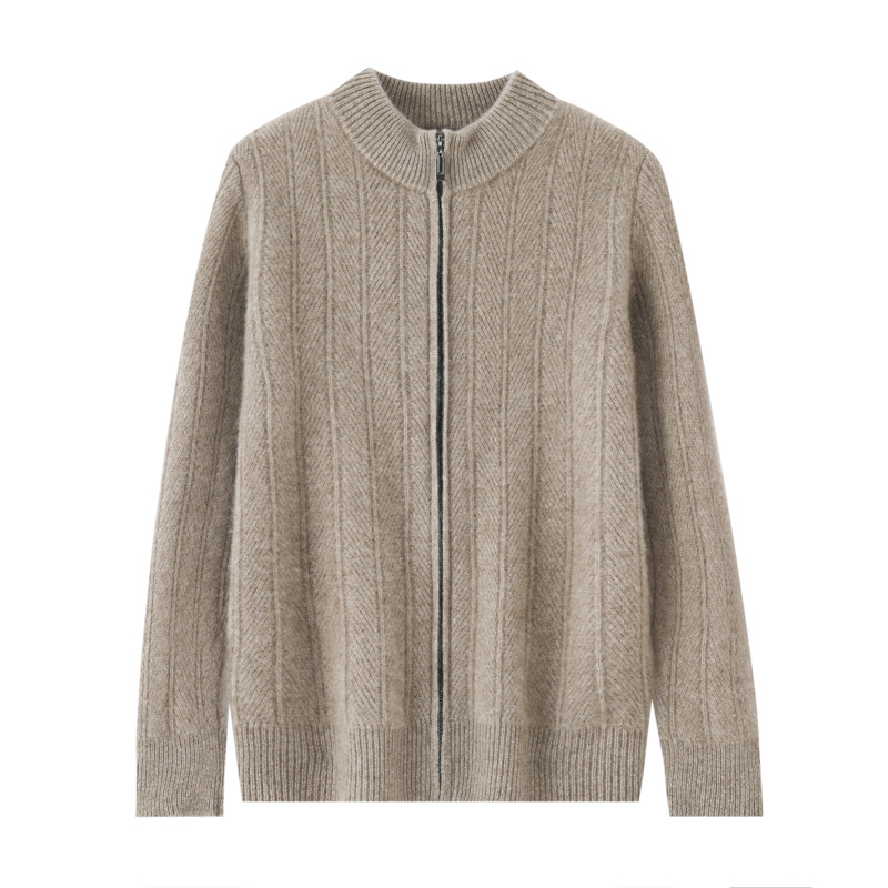 Herren-Wollstrickjacke, Stehkragen, Reißverschluss, Jacquard-Muster
