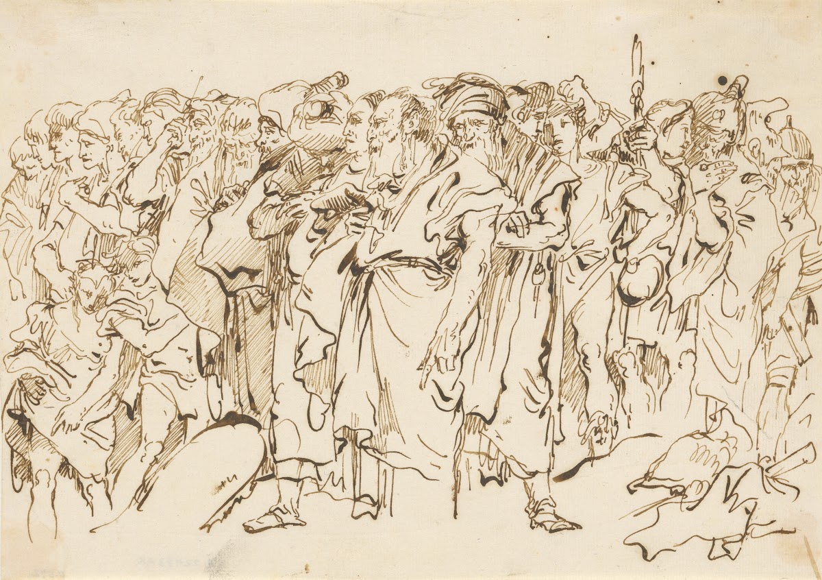A Crowd of Ancient Warriors Orientals and Two Boys Gathering for a Sacrifice ca