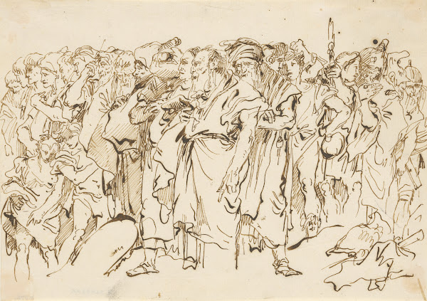 A Crowd of Ancient Warriors Orientals and Two Boys Gathering for a Sacrifice ca