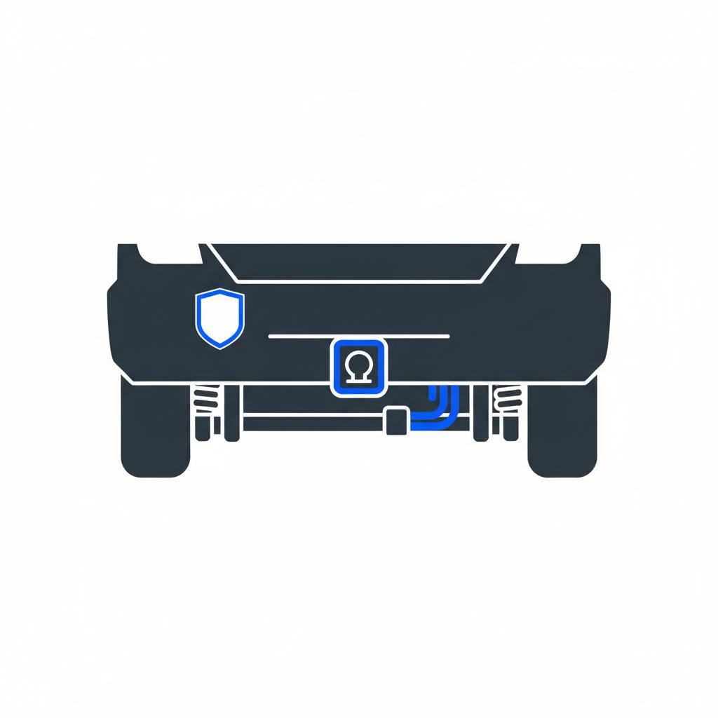 Minimalist 2D vector close up of a full size SUV rear suspension badge and tow hitch with adaptive suspension components highlighted in blue on white background yukon gmc for sale