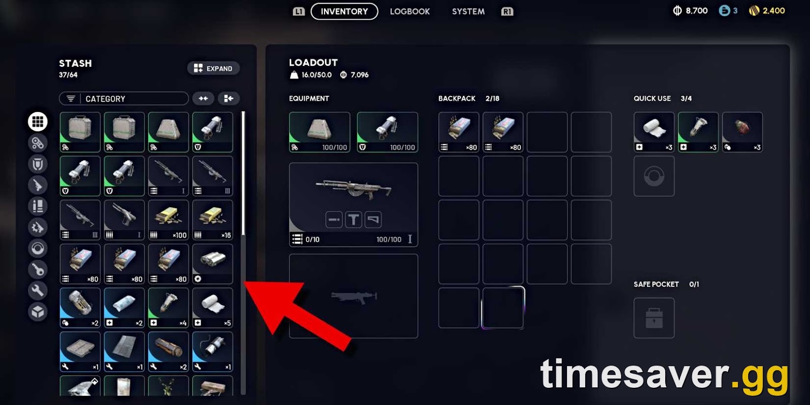 ARC Raiders stash and loadout inventory screen where extracted loot, ammo and materials are managed back in Speranza
