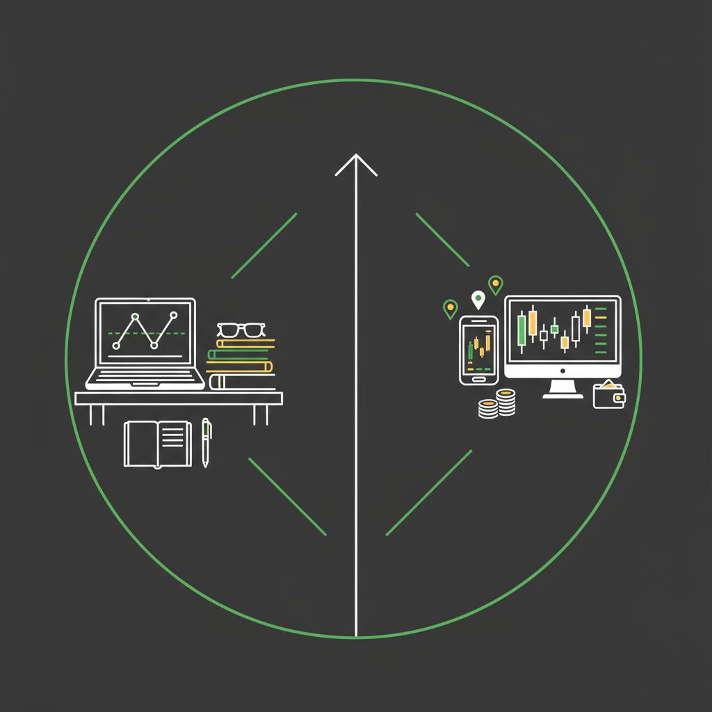 Minimalist 2D vector split illustration showing study desk and learning icons on one path and smartphone with coin icons on the other to support learning how to trade stocks