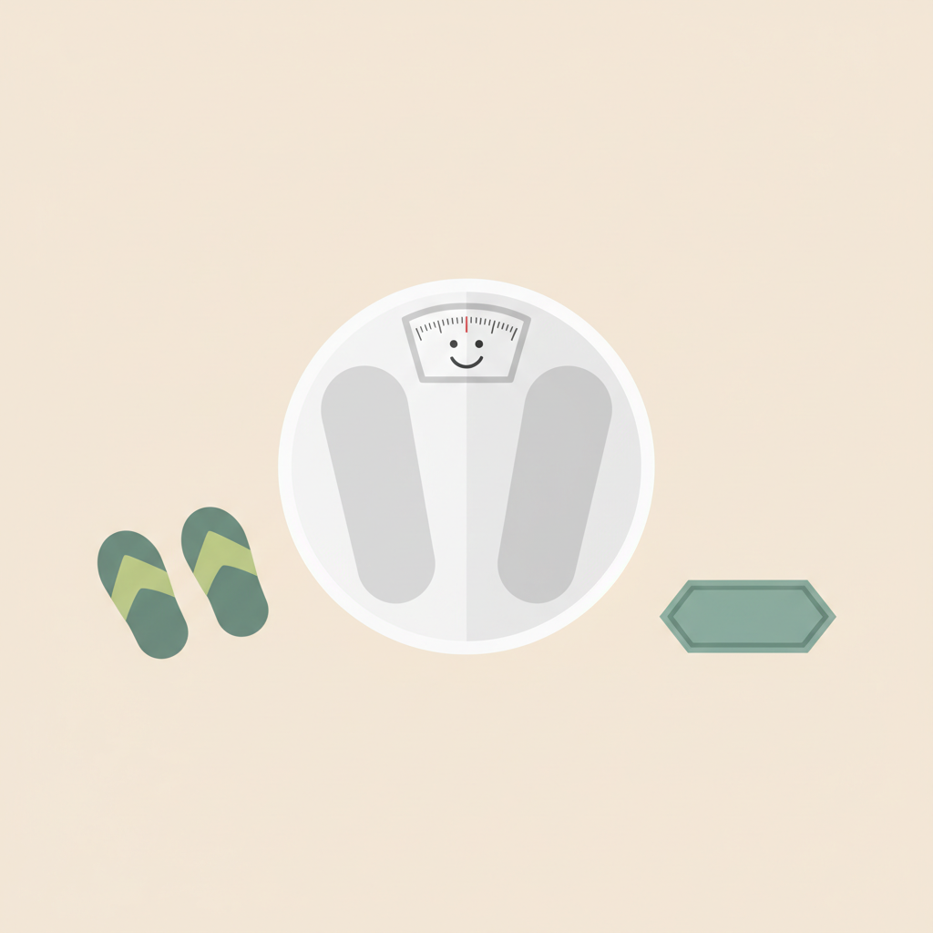 Minimalistische Vektorillustration einer Badezimmerwaage mit Smiley-Display in Vegardians-Farben, ruhige motivierende Szene fürs Masse aufbauen.