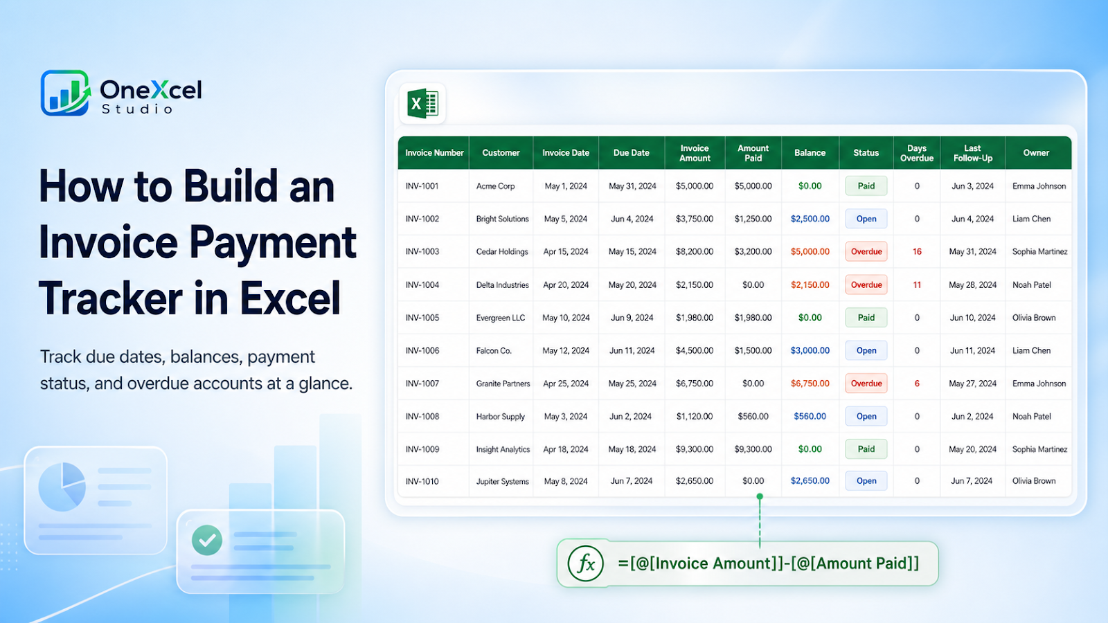 Excel invoice payment tracker with due dates, balances, payment status, and overdue accounts