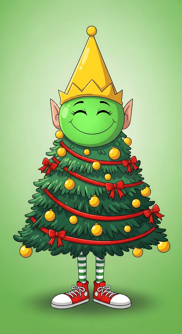 Whimsical Christmas Tree Elf Cartoon Character Design