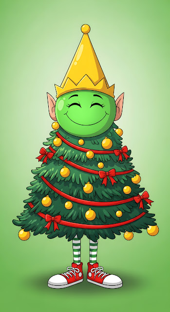 Whimsical Christmas Tree Elf Cartoon Character Design - Free mobile Wallpaper
