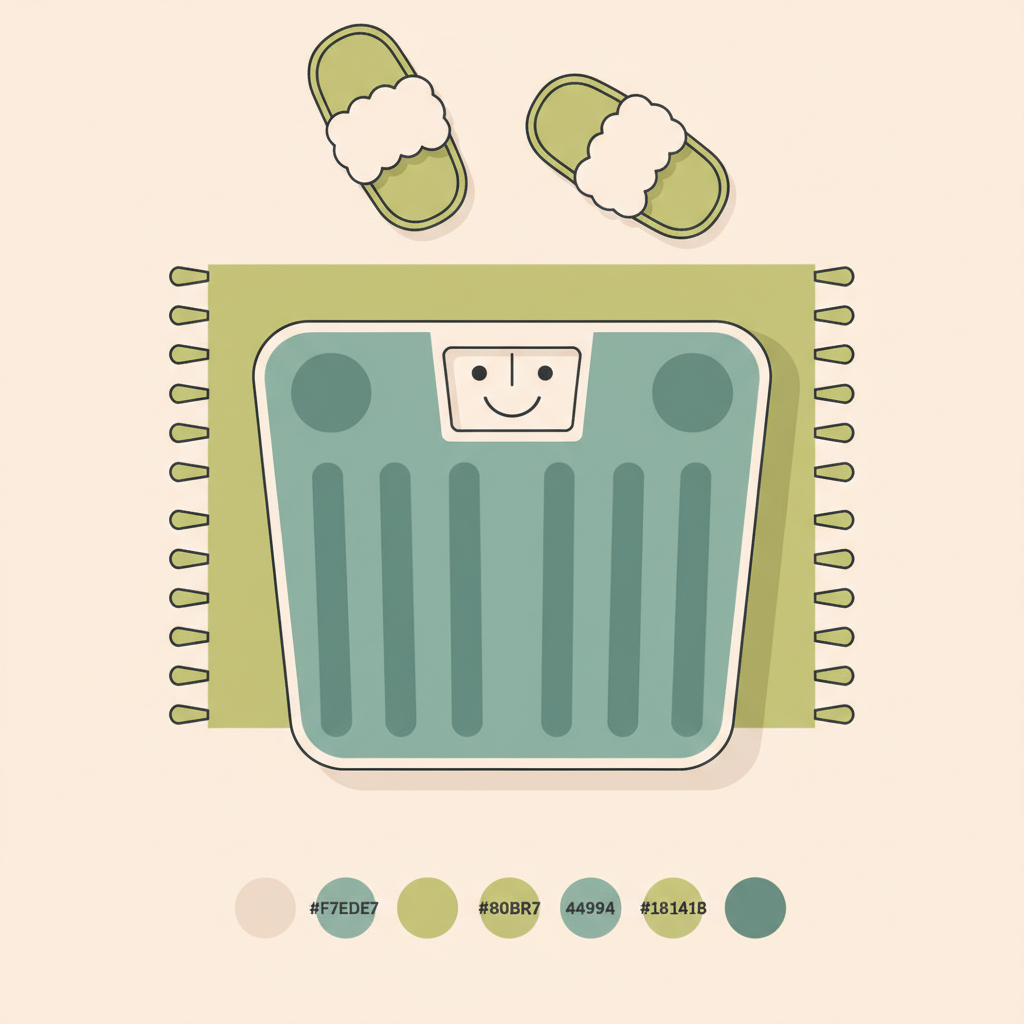 Minimalistische Nahaufnahme einer Badezimmerwaage mit Smiley-Display, warme Badematte und süße Pantoffeln im Hintergrund in Vegardians-Farben — Gewichtsplateau