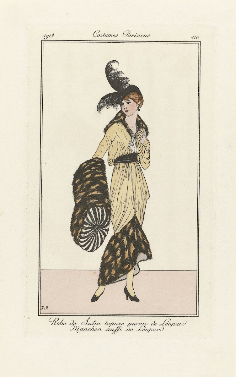 Robe de Satin topaze garnie de Léopard Manchon aussi de Léopard 1913
