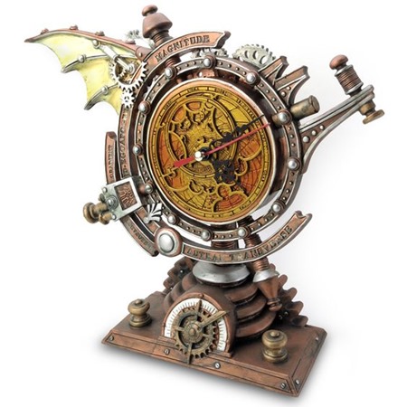 Steampunk clock designed in the style of an Astrolabe and also featuring wings and dials, cogs and gears