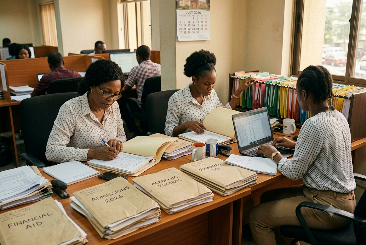 Administrative staff working through paper student files